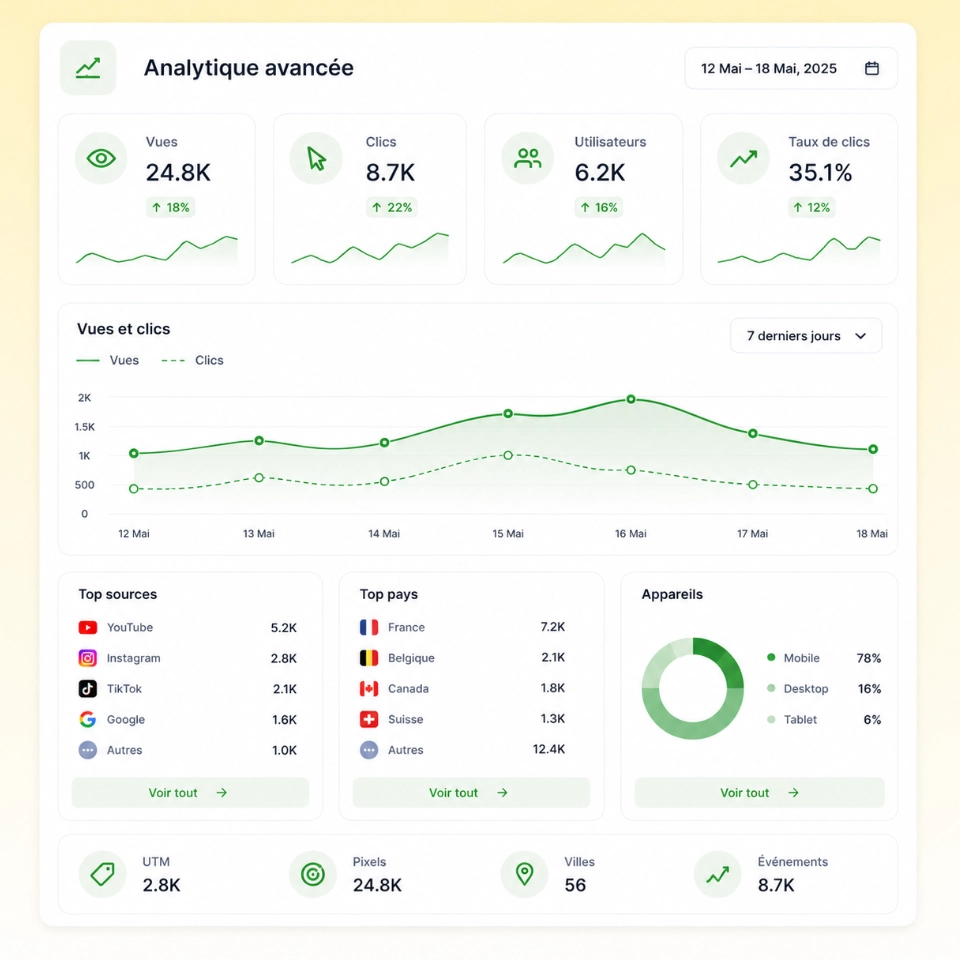 Capture d'écran de la page du système d'analytique des liens de l'application